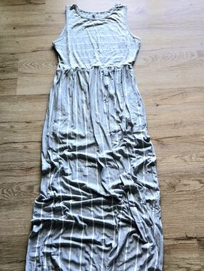 Gray White Striped Sleeveless Scoop Neck Knit Cotton Maxi Dress